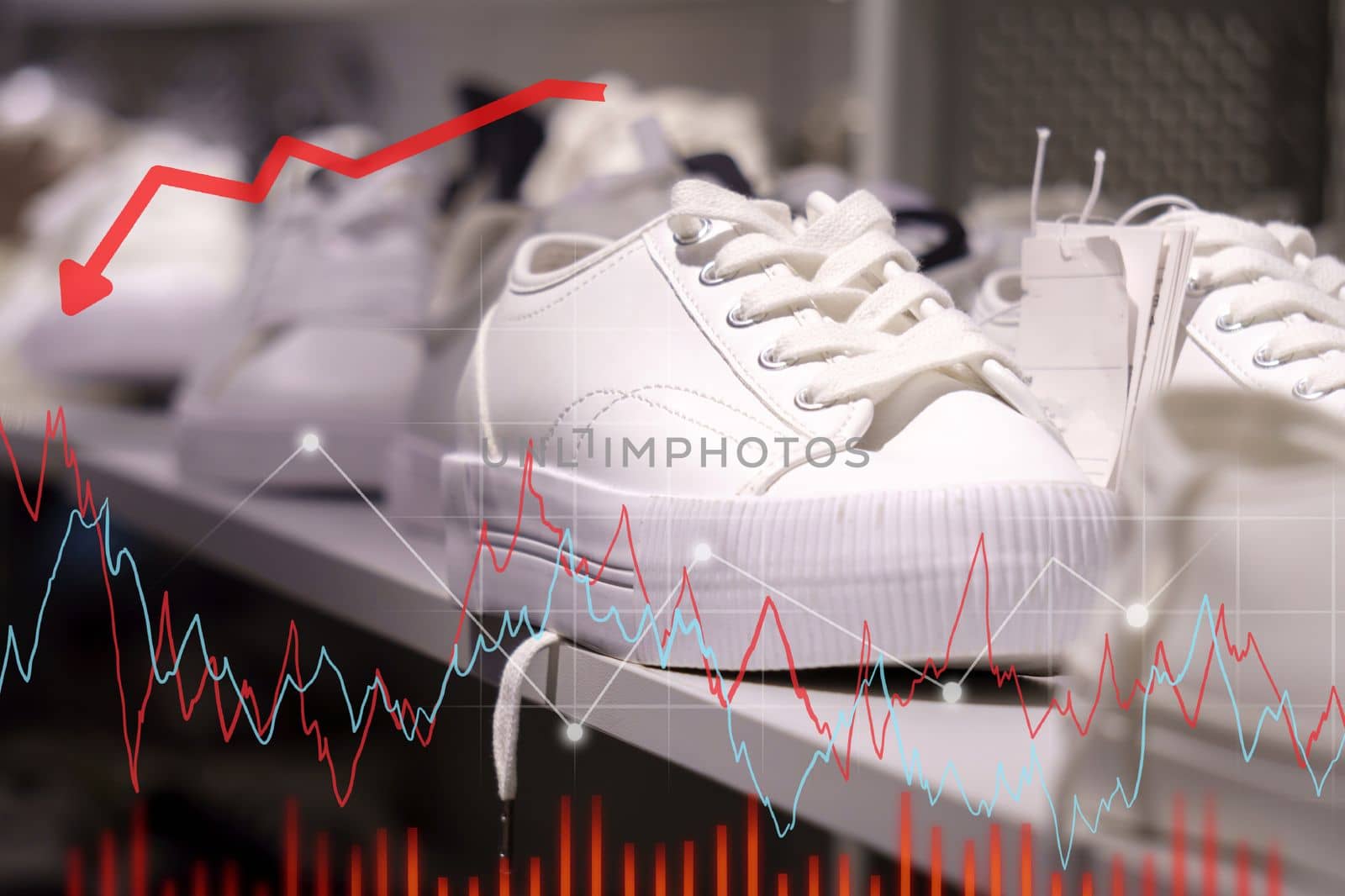Sale concept shoes, white sneakers. Sale schedule, down arrow. Buying shoes