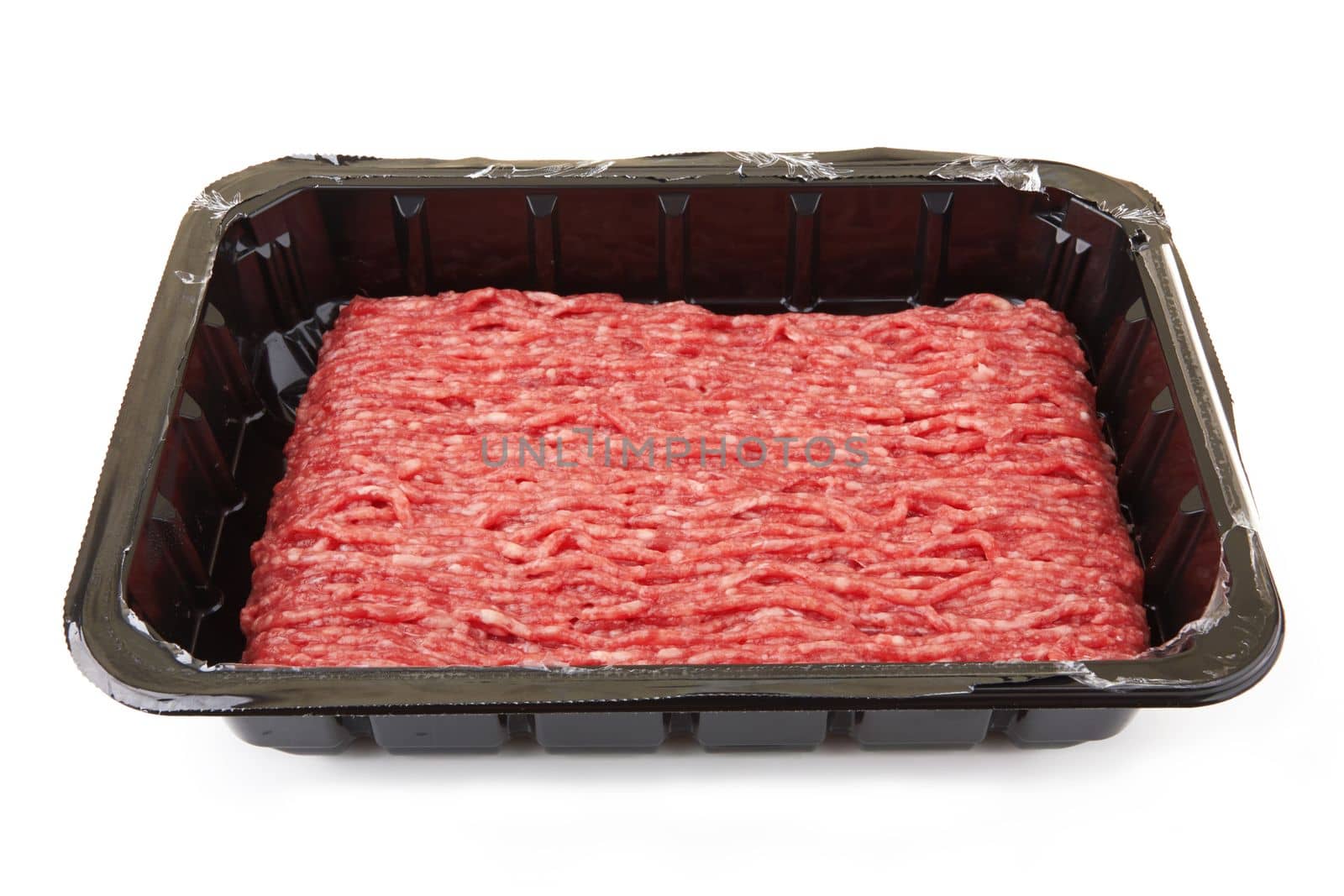 Minced meat in a plastic box isolated on a white background