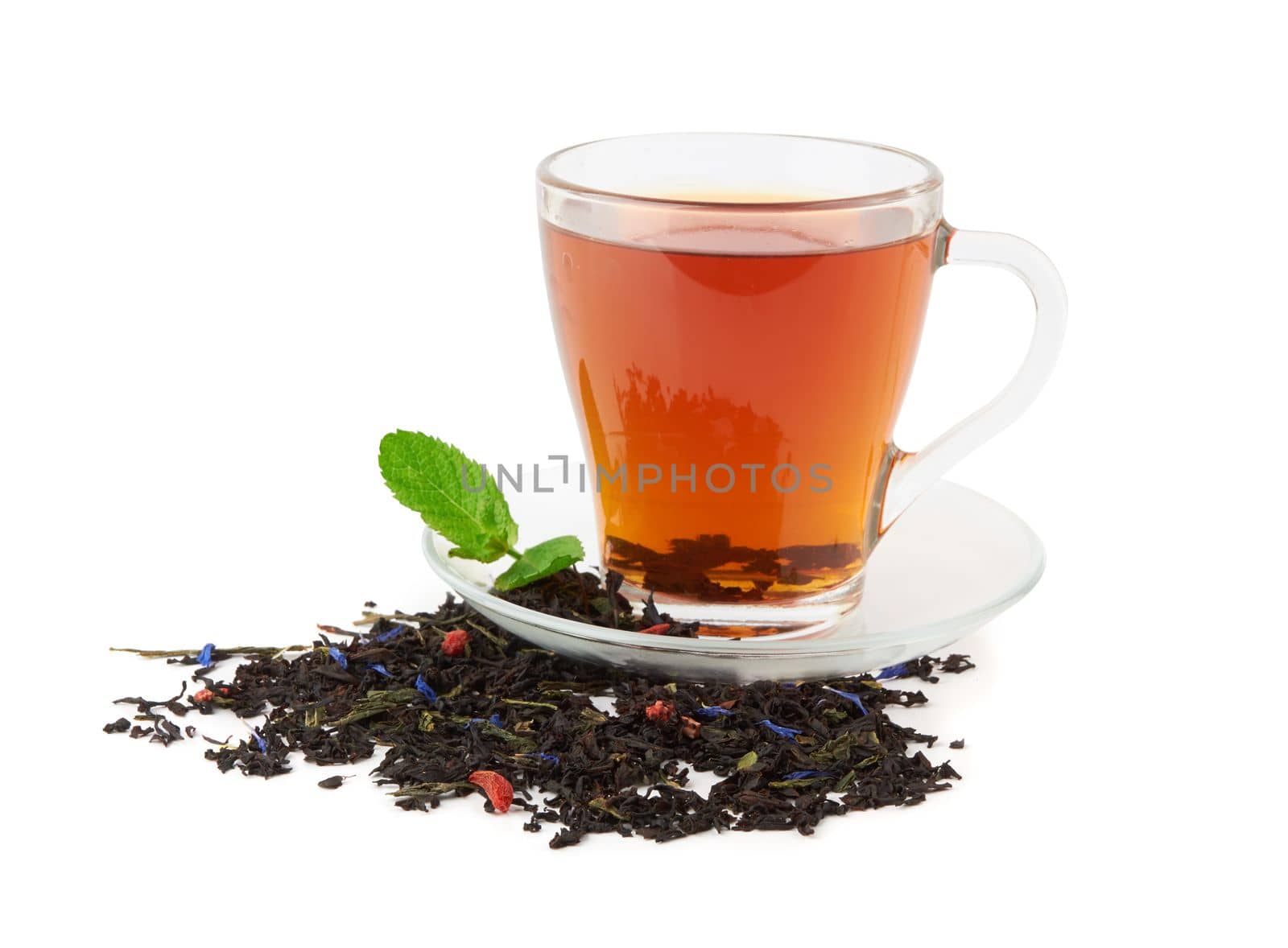 Black tea with mint isolated on white background