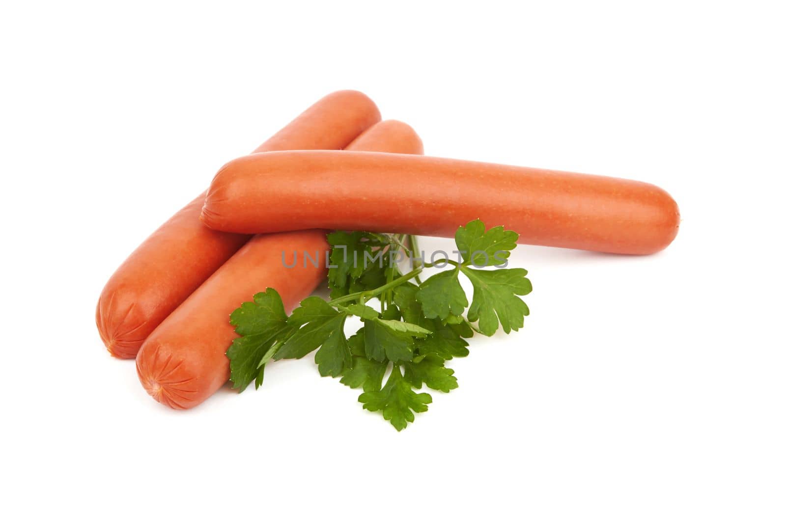 Fresh sausages with parsley leaves isolated on white background