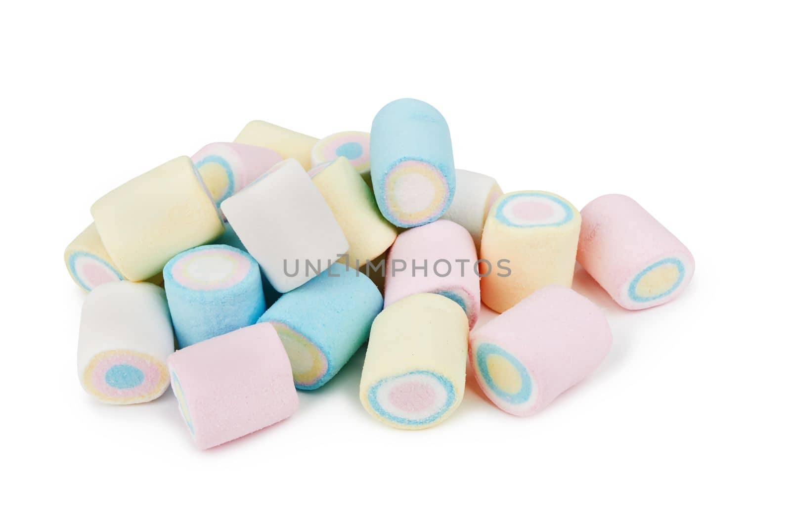 Marshmallows of different colors isolated on white background