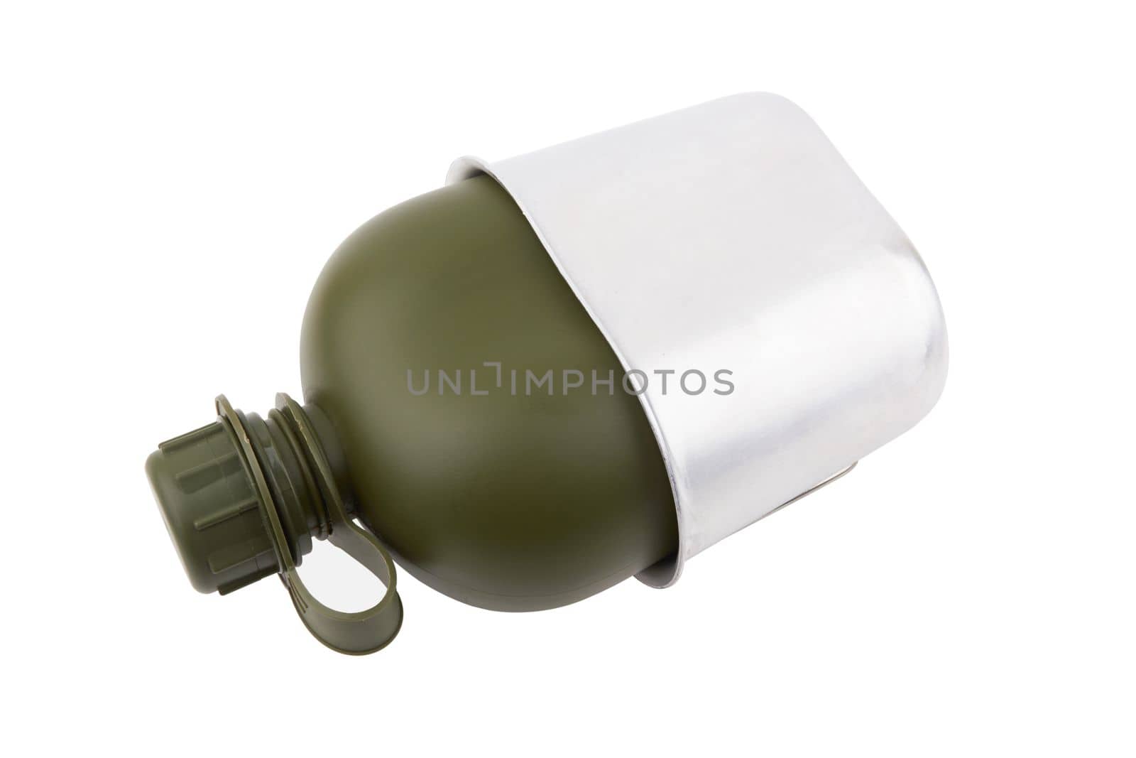 Military flask for water with a bowl for food on a white background