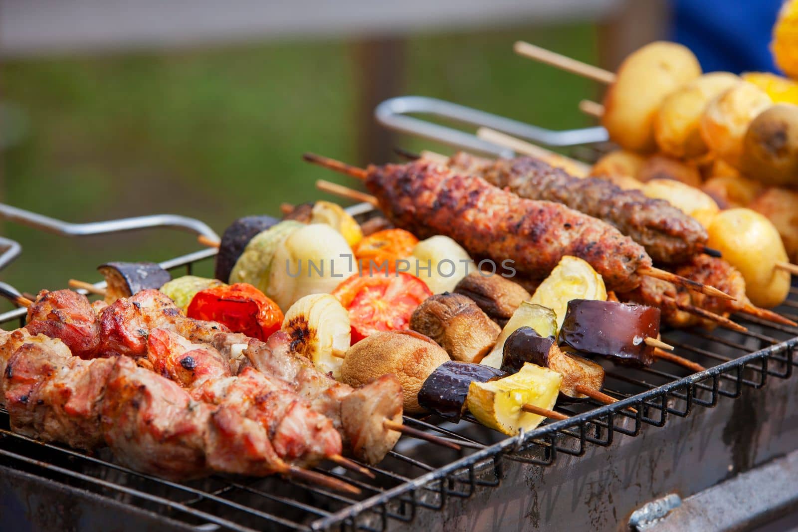 Assorted grilled meat with vegetables over the coals on a barbecue by Jyliana