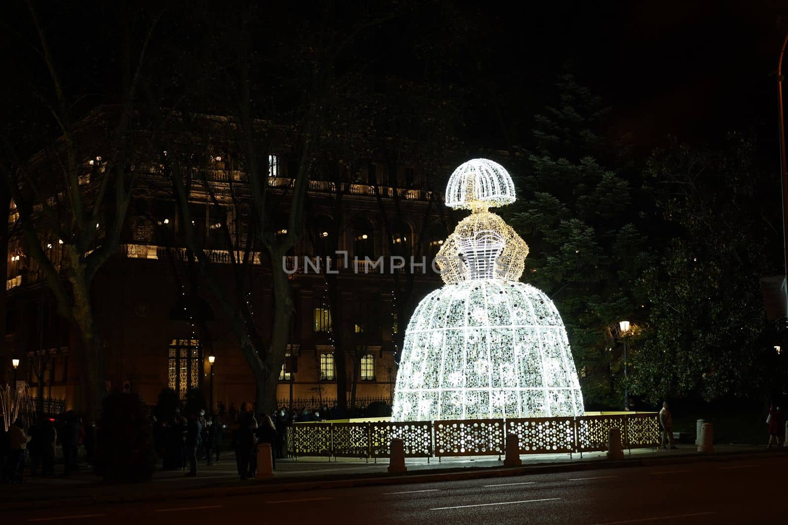 Madrid, Spain- December 28th, 2021. Christmas lights in the shape of Velazquez's Menina, in the centre of Madrid.