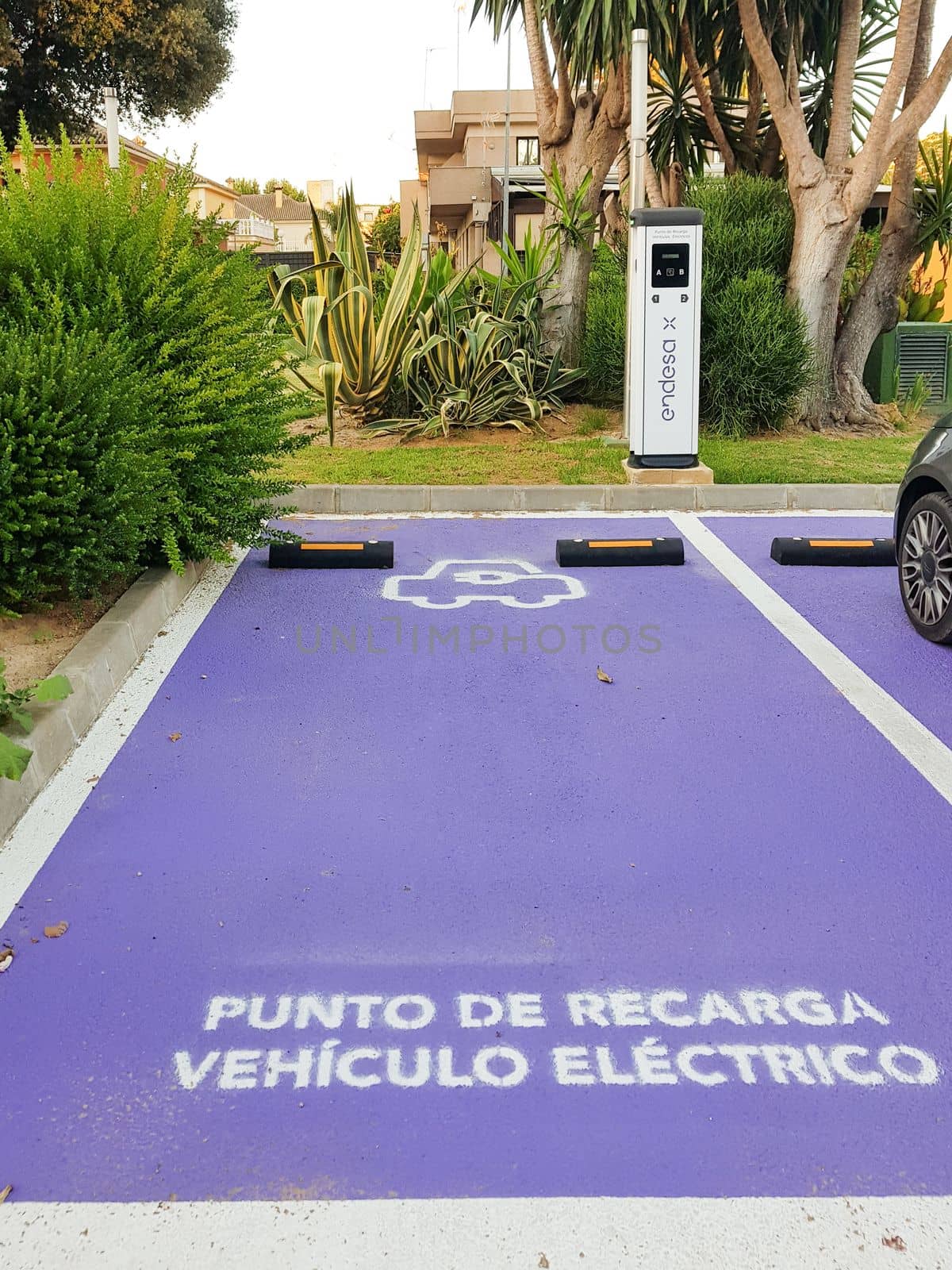 Jerez de la Frontera, Andalusia, Spain. 7th July 2021. Charging point for electric vehicles of the Endesa company located on the street.