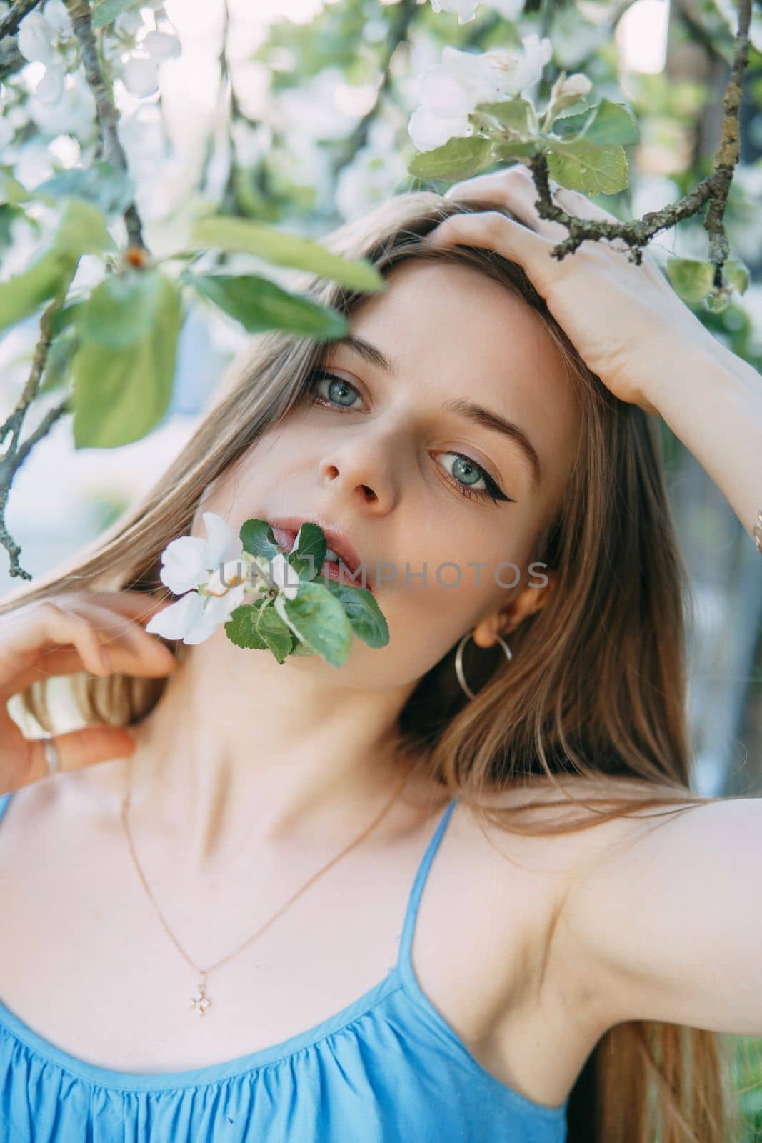 Beautiful young girl in a blue dress in a blooming Apple orchard. Blooming Apple trees with white flowers. Portrait of a woman in the bloom of the Apple trees.