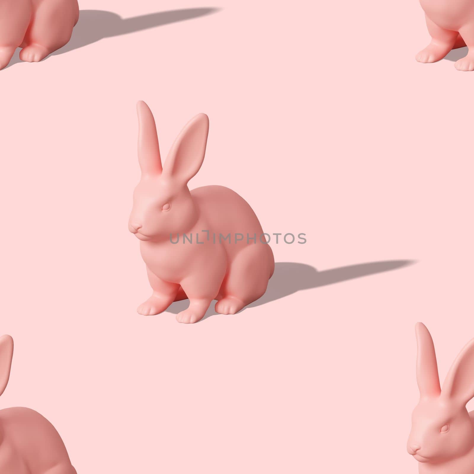 Seamless isometric pattern with Easter rabbits on pink background. Colorful design for print, textile, wrapping paper. Hard light, shadows. Happy Easter Day. Seamless texture. 3d rendering