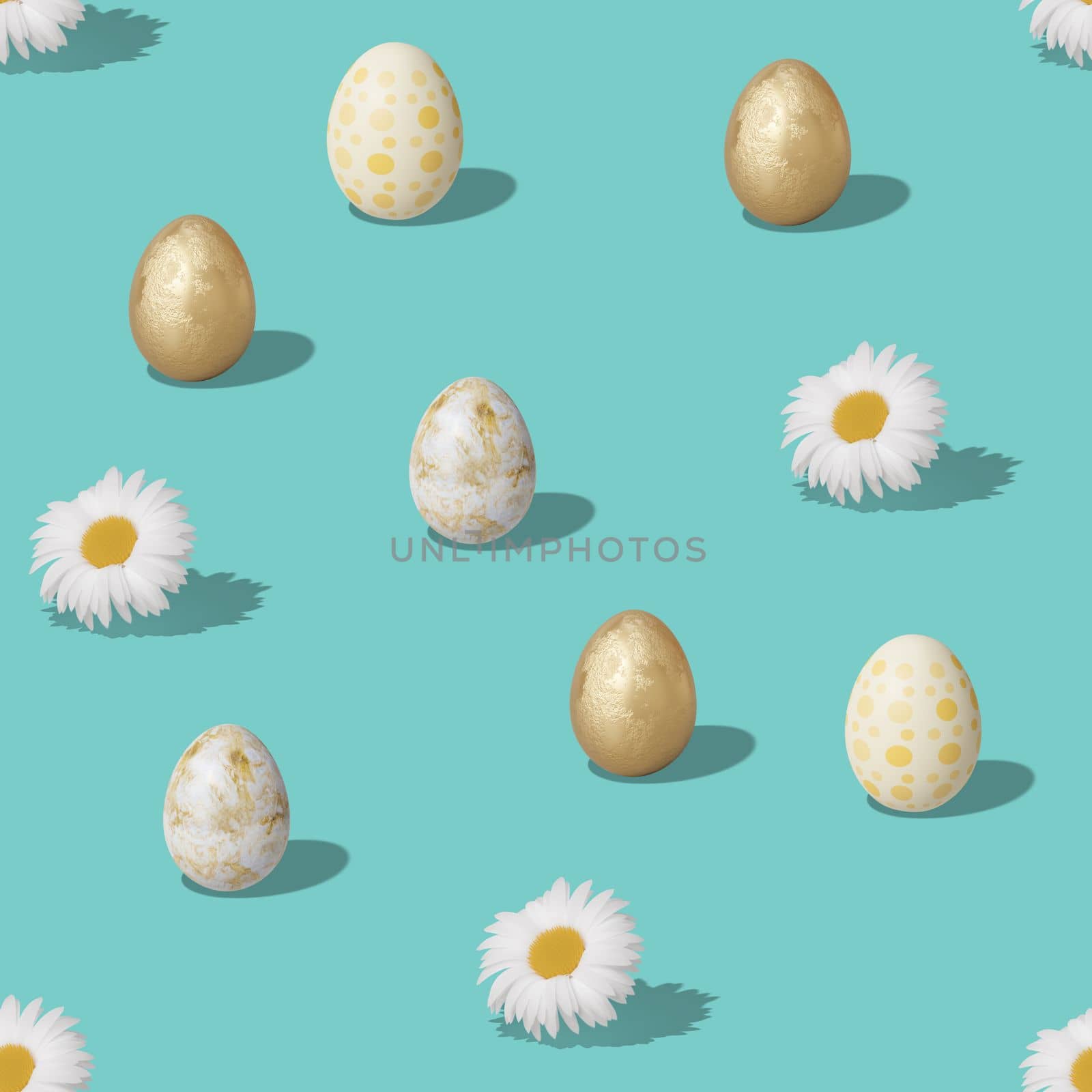 Seamless isometric pattern with Easter eggs and flowers on blue background. Colorful design for print, textile, wrapping paper. Hard light, shadows. Happy Easter Day. Seamless texture. 3d rendering