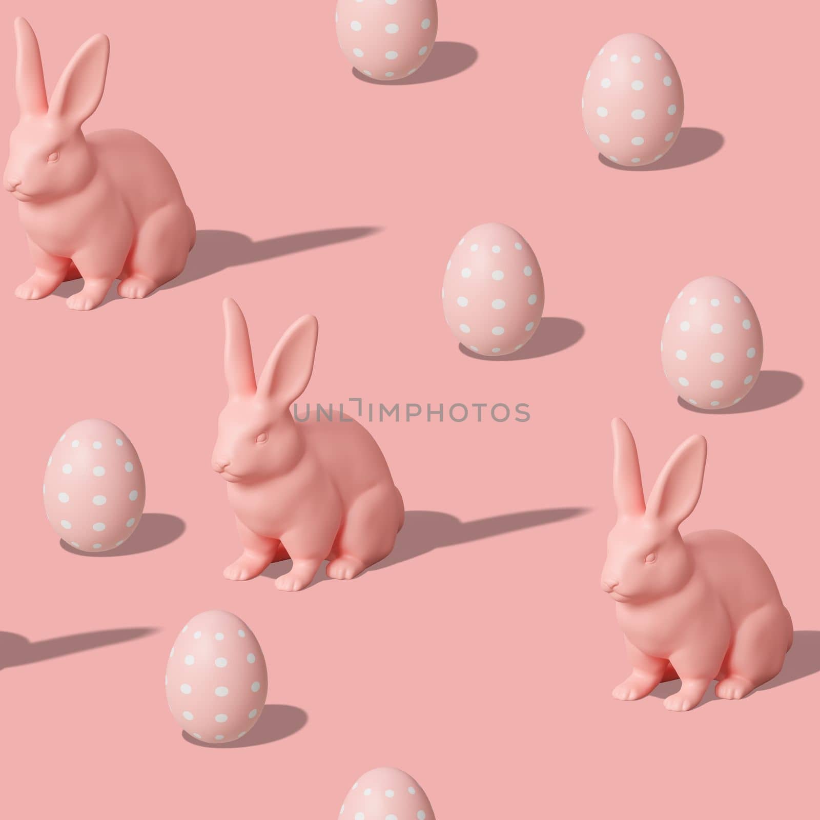 Seamless isometric pattern with Easter eggs and rabbits on pink background. Colorful design for print, textile, wrapping paper. Hard light, shadows. Happy Easter Day. Seamless texture. 3d rendering