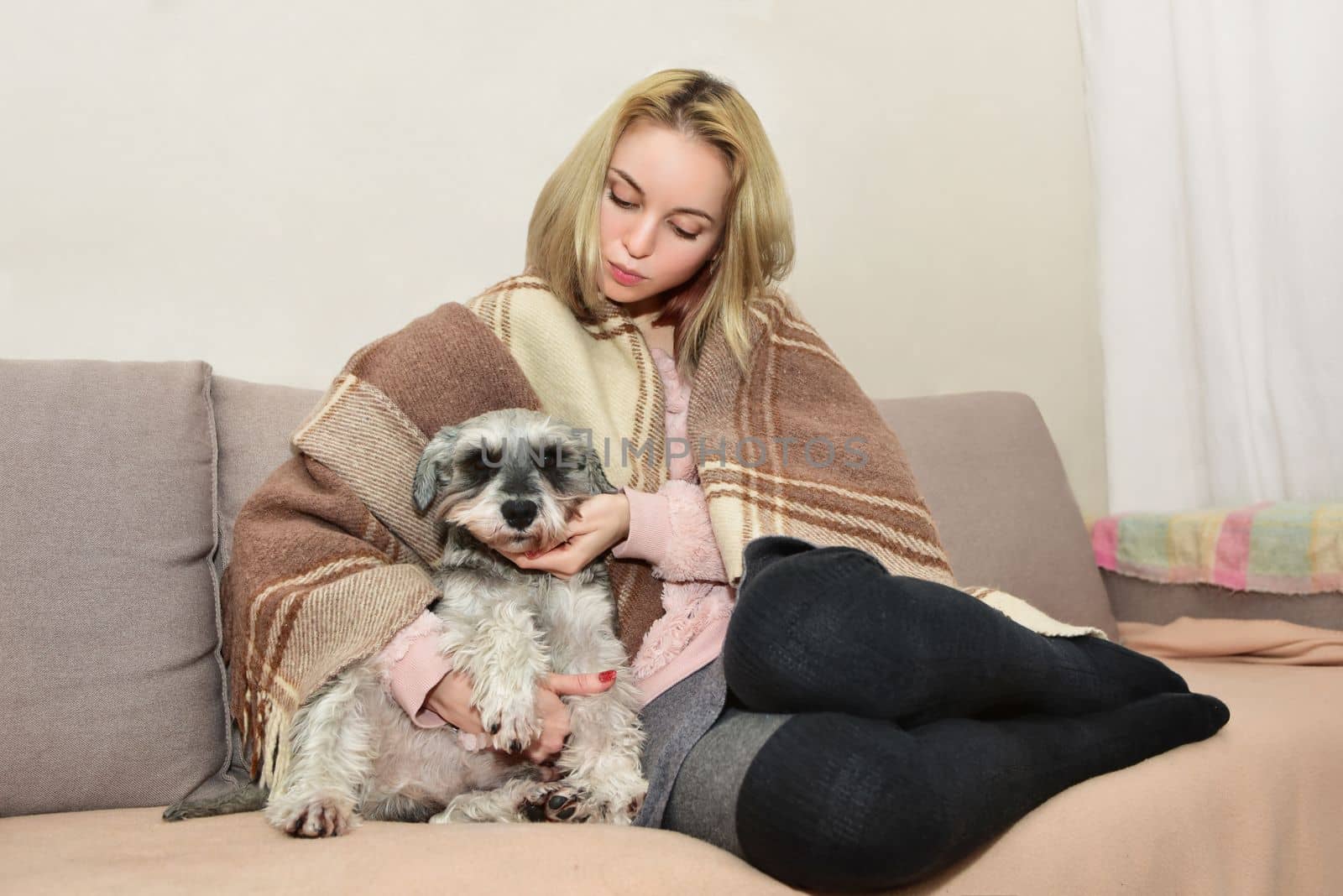 A beautiful lady in a warm blanket sits comfortably on the sofa hugging her cute dog by Nickstock