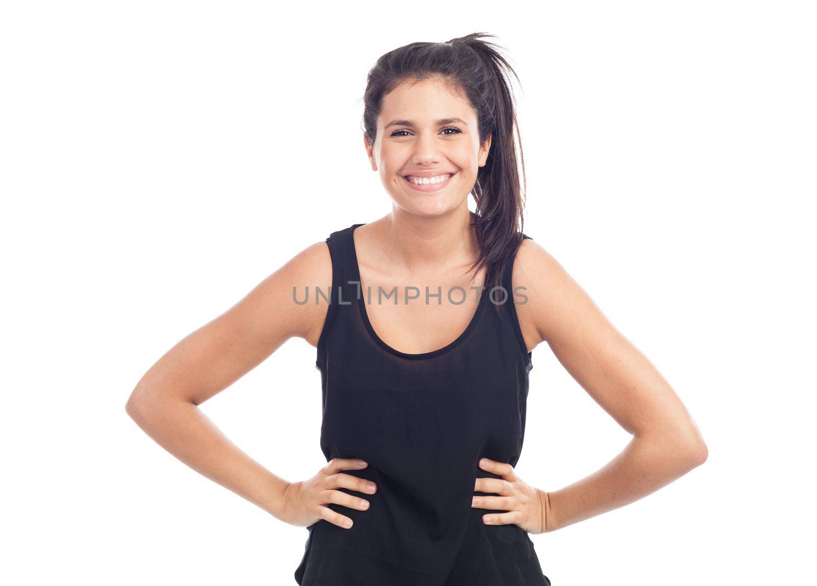 portrait of a happy young brunette woman laughing