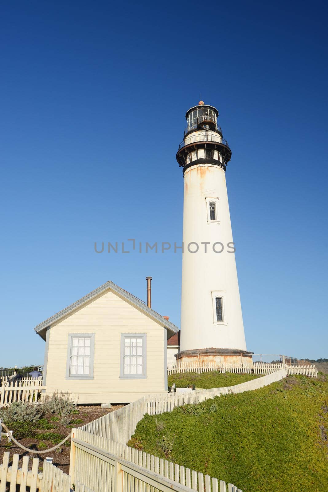 Pigeon Point lighthouse with a blue sky