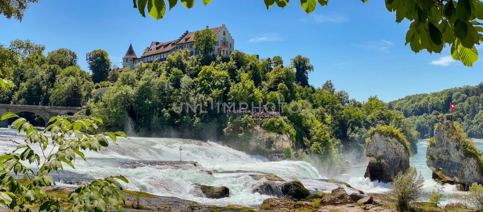 Panorama from the vantage point at the Rheinfall Schaffhausen with the river and Lauffen Castle, Switzerland