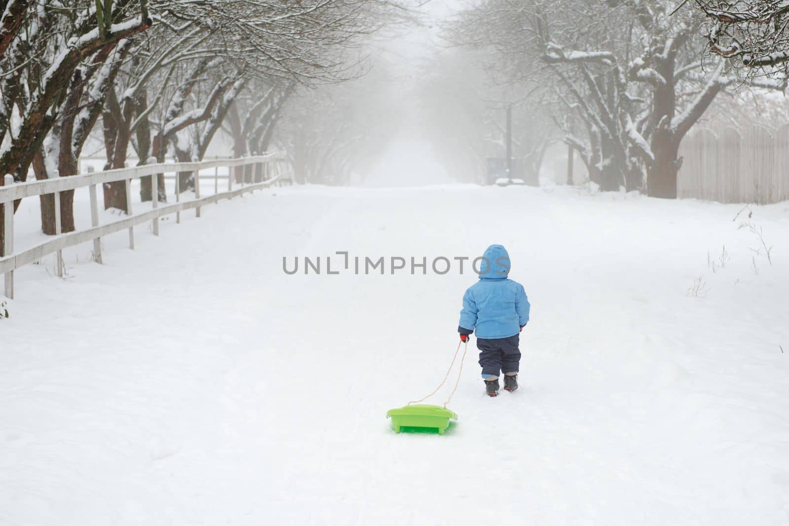 A boy walks home alone and drags his sled behind him by gulyaevstudio