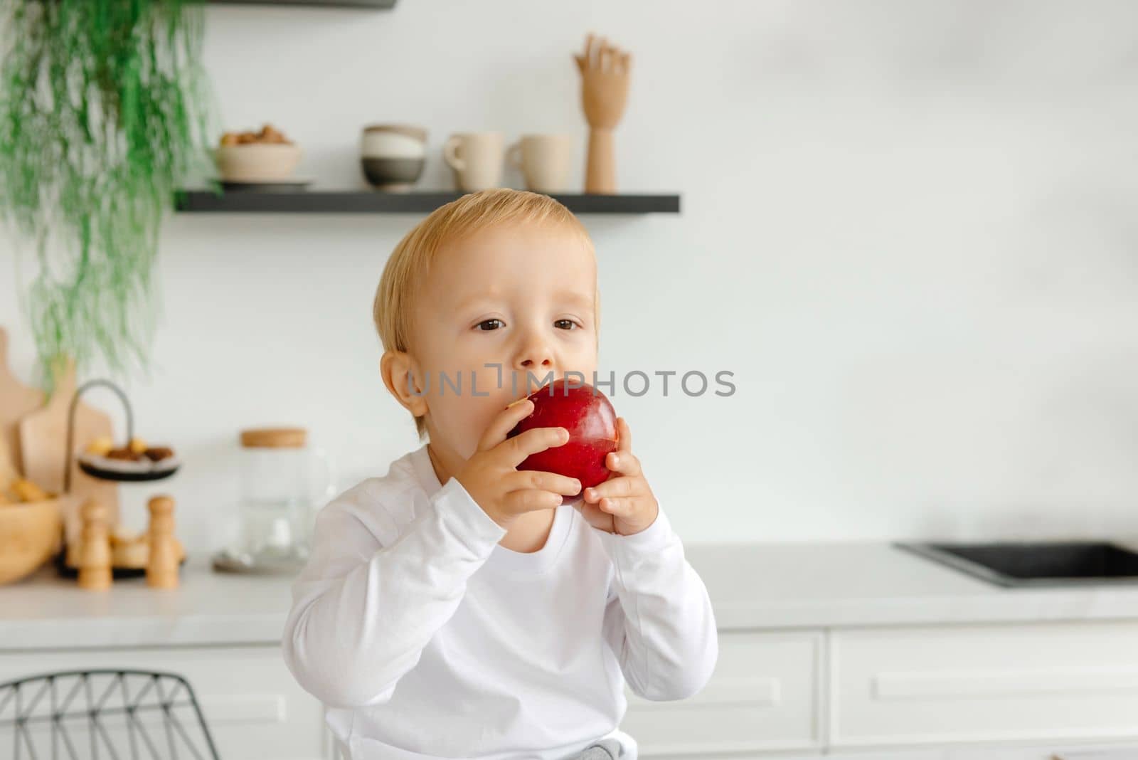 The child eats an apple for breakfast sitting in the kitchen. Healthy eating for the whole family. Reducetarian Eating Enjoying Plant-Based Food