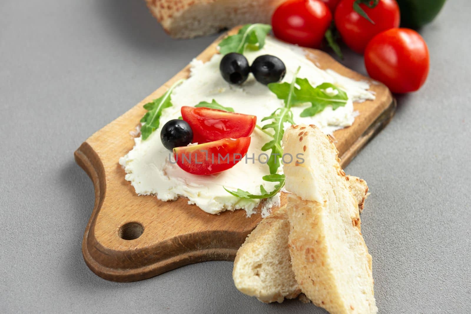 A food trend, bread with butter and toppings. Board with butter snack. Breakfast snack. Trend.