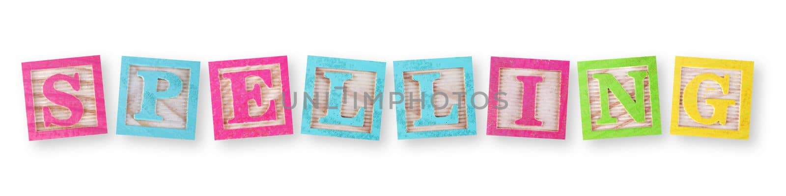 A Spelling concept with childs wood blocks on white with clipping path to remove shadow