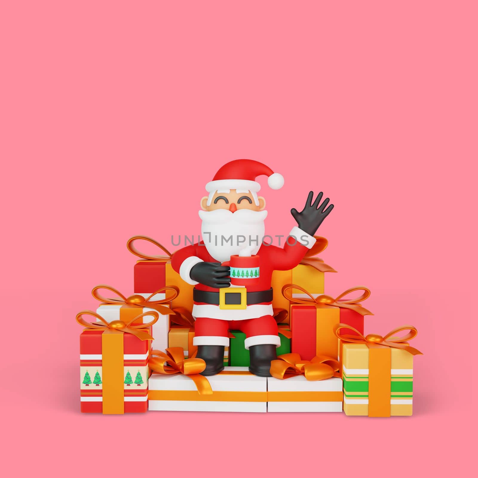 3d rendering of santa sitting relaxed surrounded by gifts by Rahmat_Djayusman