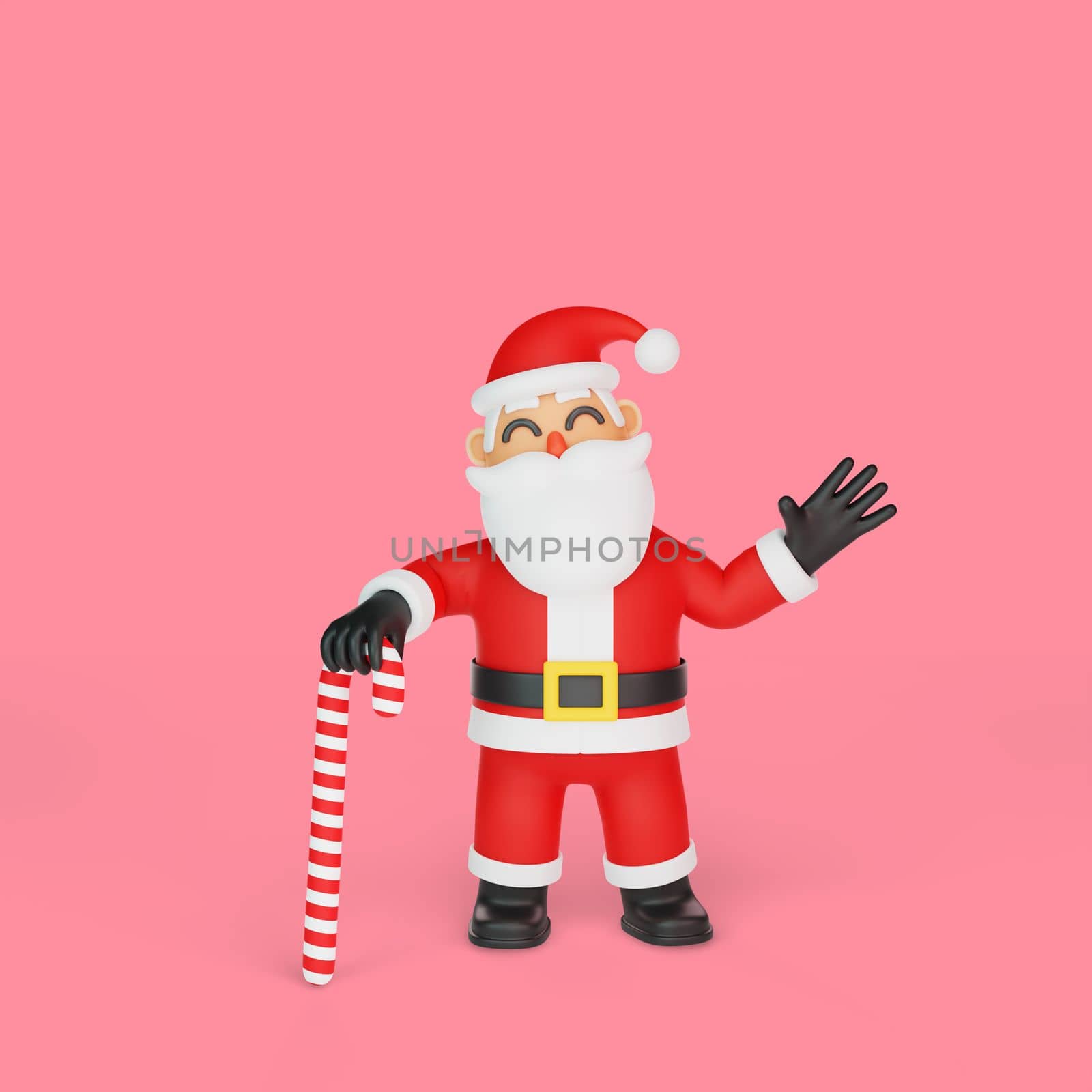3d rendering of santa with a candy cane