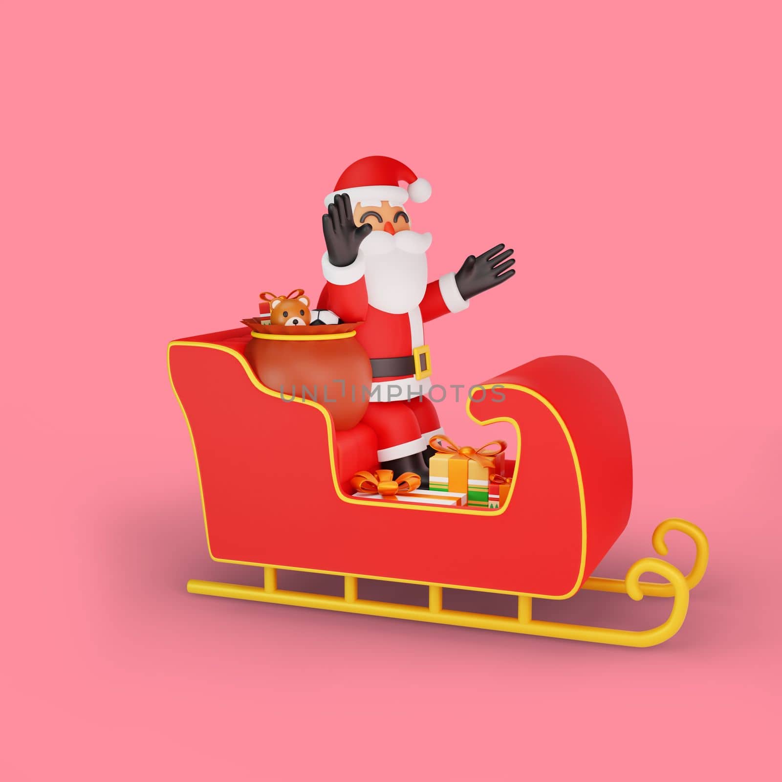 3d rendering of santa pose in front of a sleigh filled with gifts