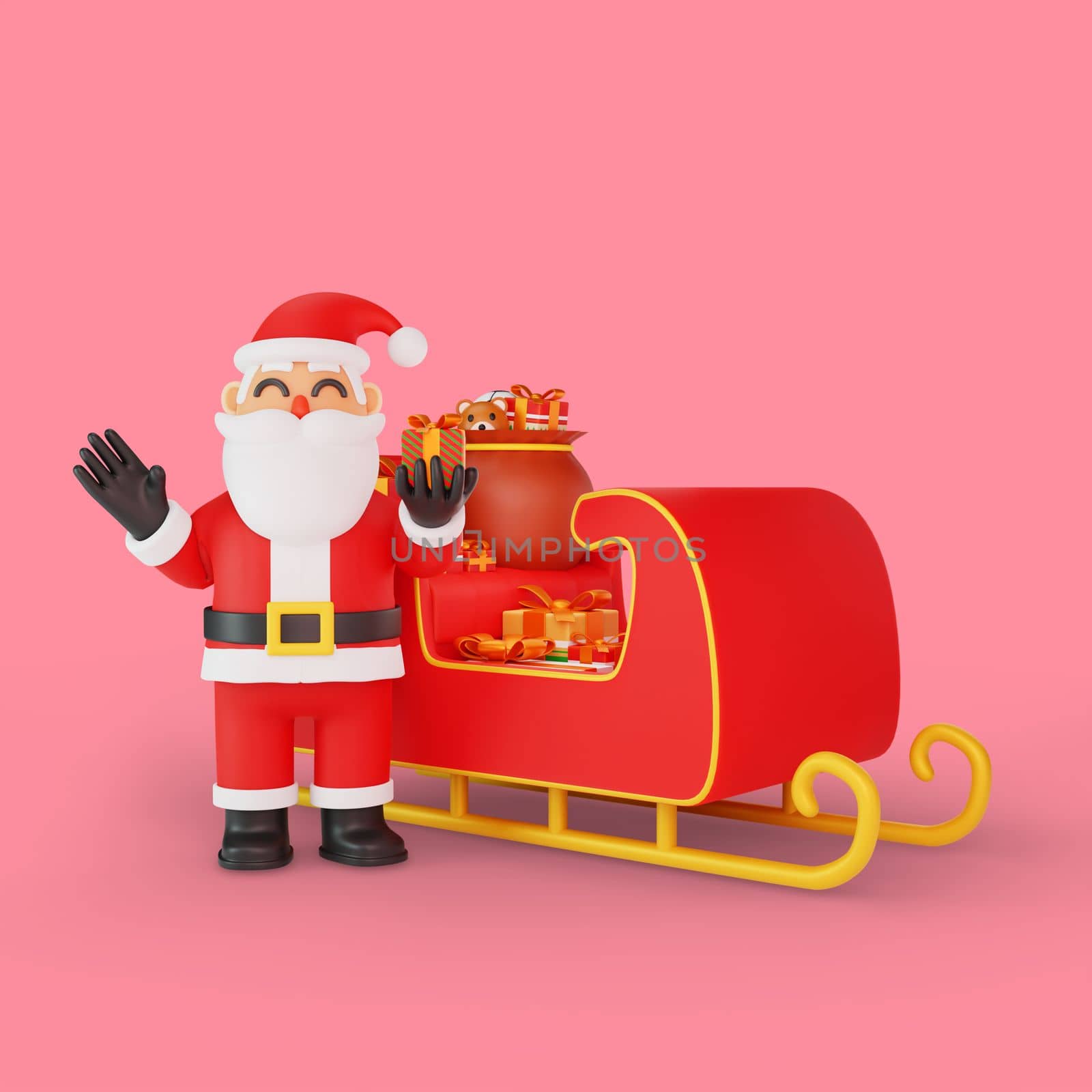 3d rendering of santa pose in front of a sleigh filled with gifts