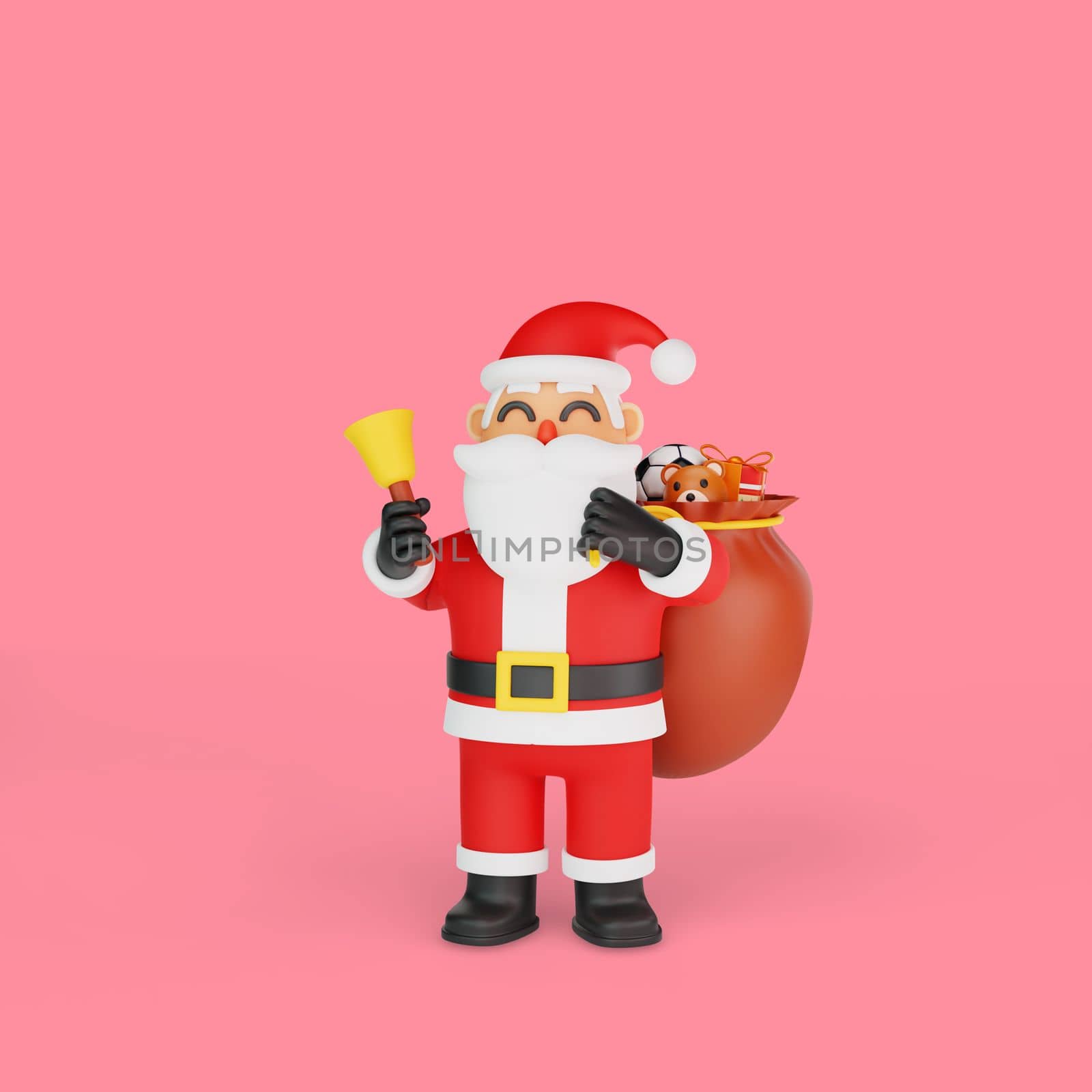 3d rendering of santa playing new year bells while carrying sack of gifts