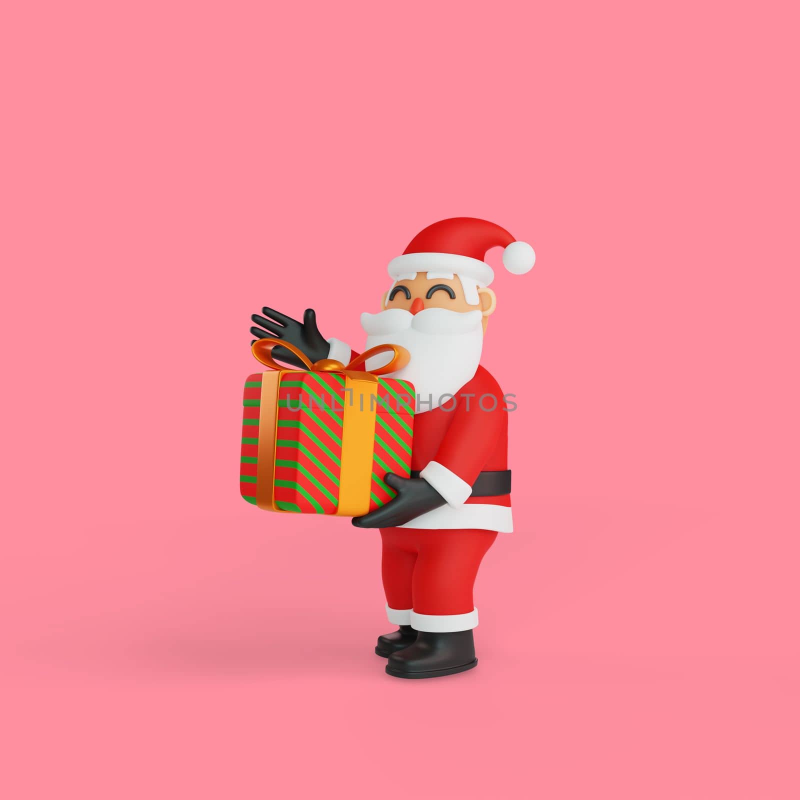 3d rendering of santa carrying a big gift box