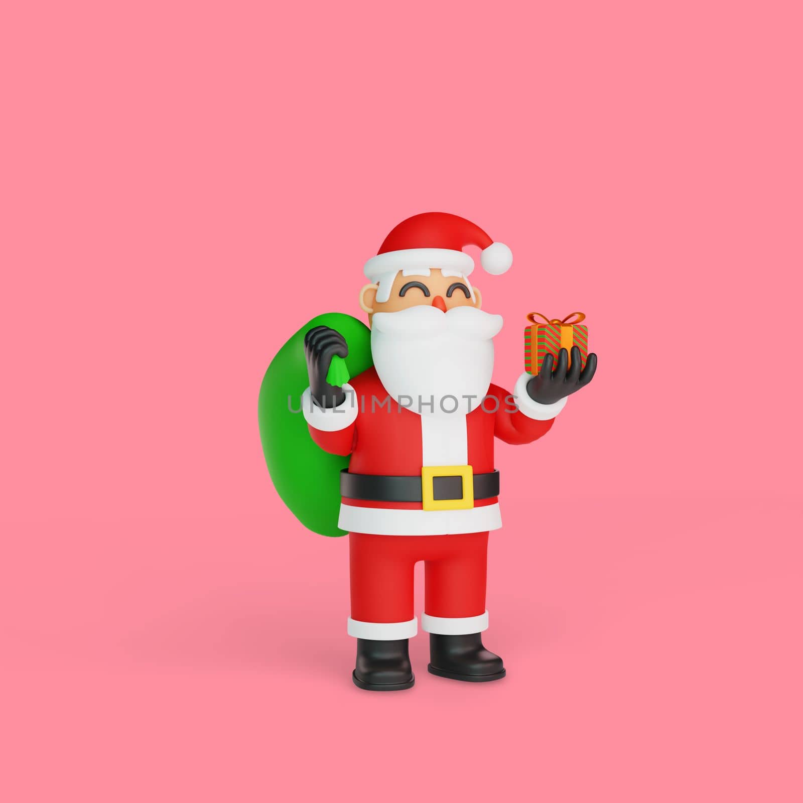 3d rendering of santa carrying sack of gifts and small presents