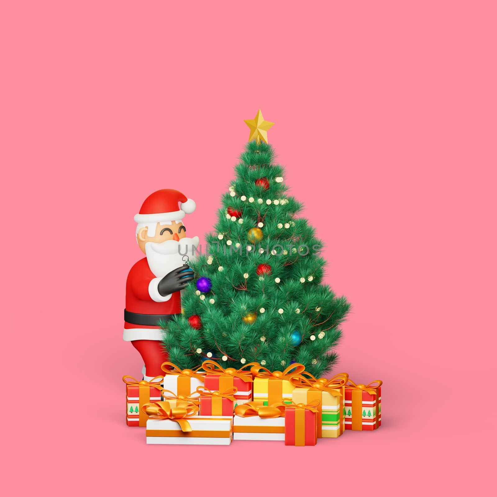 3d rendering of santa decorating a christmas tree