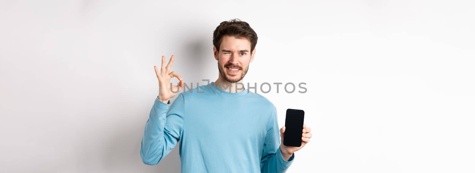 E-commerce and shopping concept. Smiling guy wink and show okay sign with empty smartphone screen, recommending online offer, standing on white background.