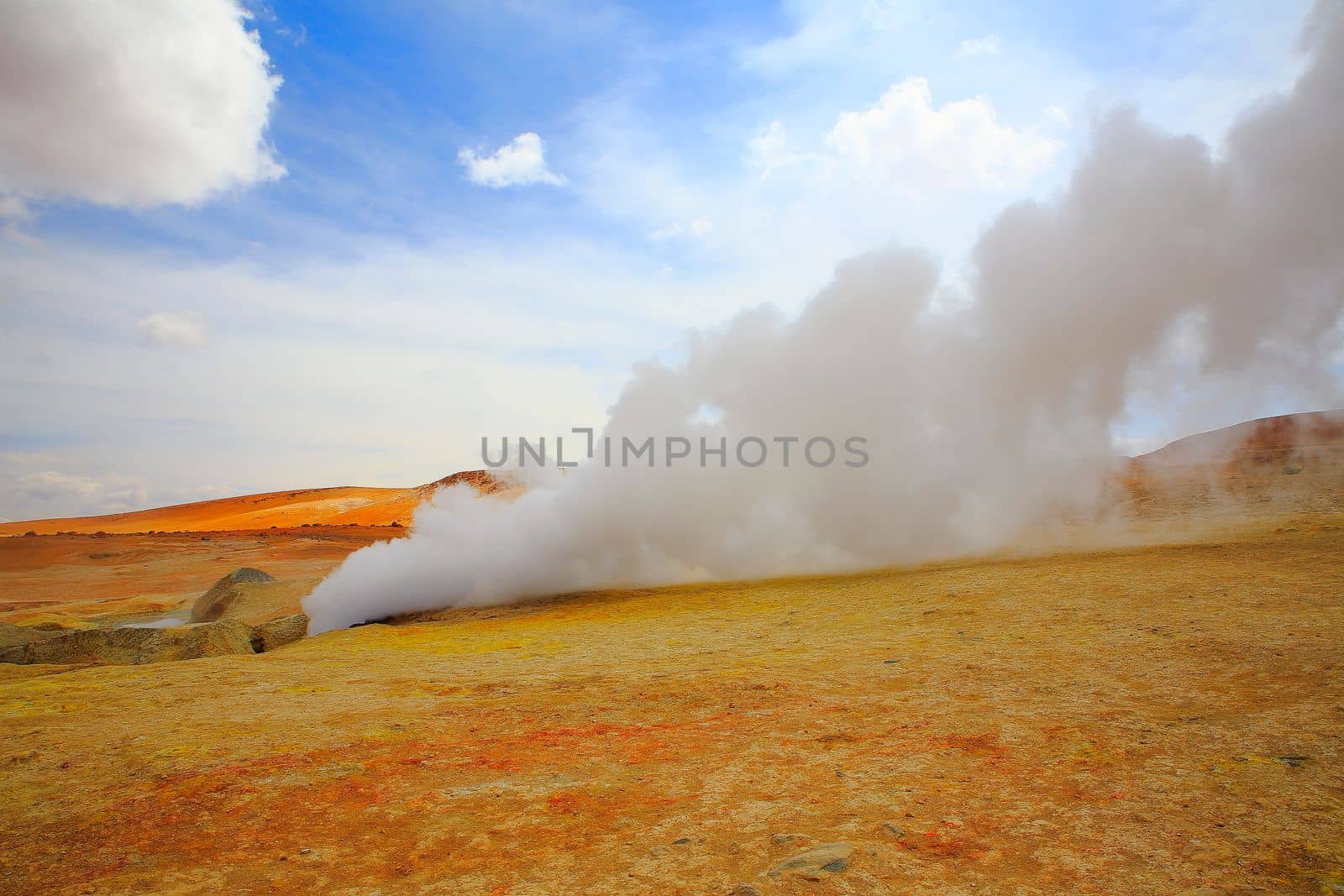 Geysers in Bolivia altiplano, dramatic landscape of bolivian Andes near Atacama of Chile