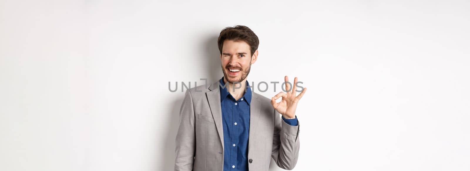 Everything okay. Cheerful businessman in suit winking and showing OK sign, smiling assertive, guarantee quality, praise good choice, standing on white background by Benzoix