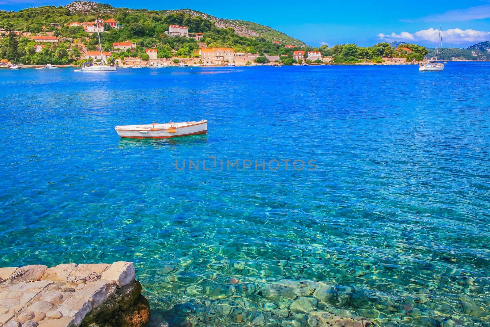 Elaphiti islands, turquoise adriatic beach in Dalmatia at sunny day, Croatia