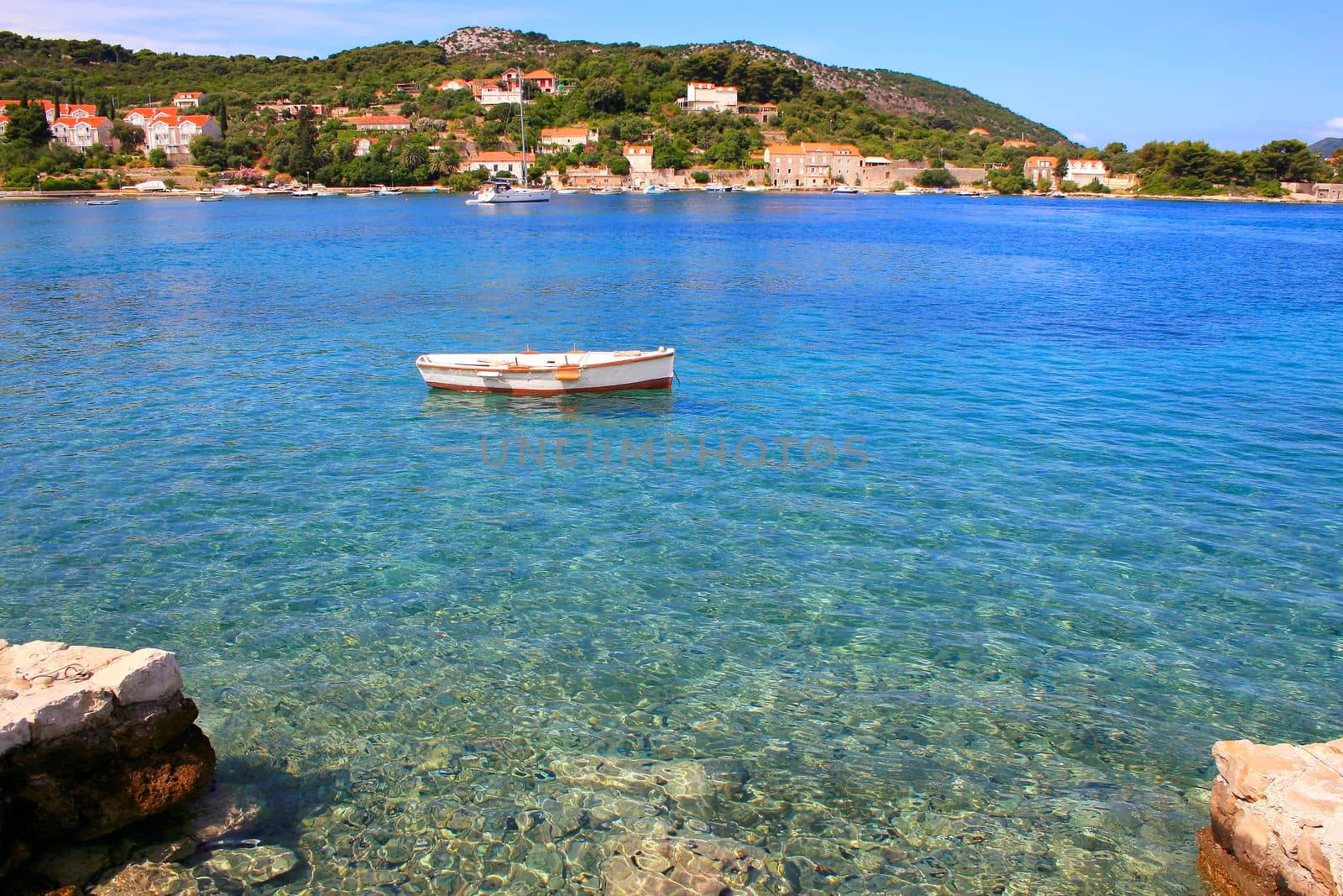 Elaphiti islands, turquoise adriatic beach in Dalmatia at sunny day, Croatia