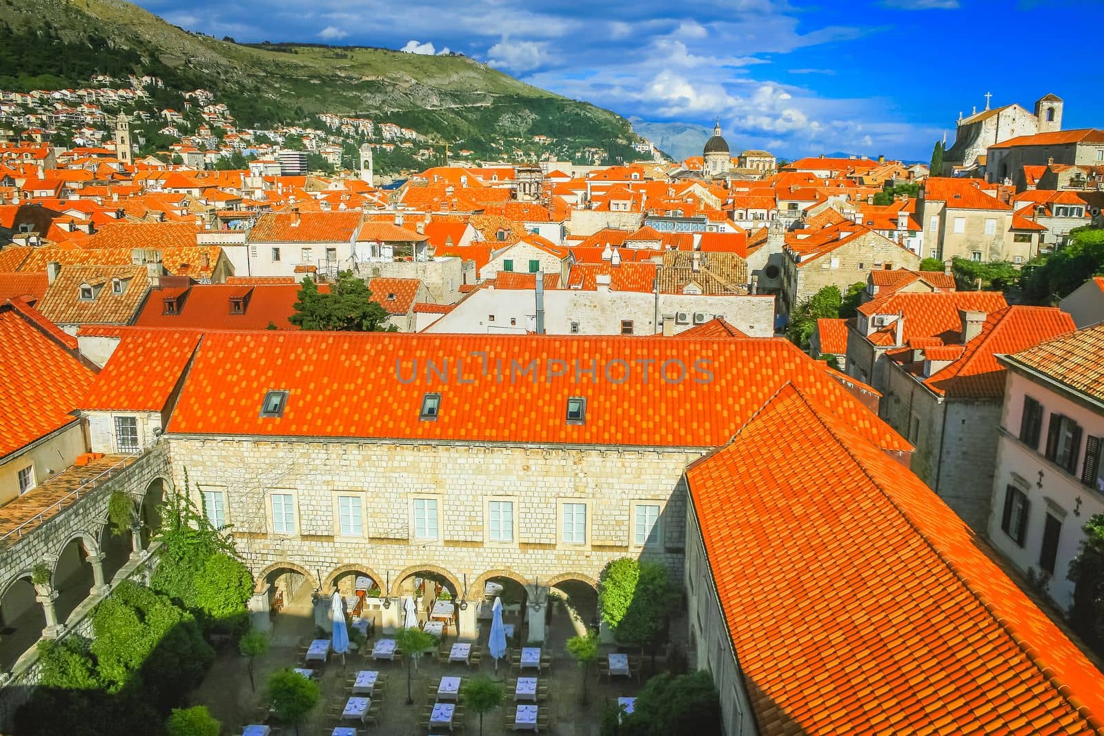 Dubrobvik medieval old town, turquoise adriatic beach in Dalmatia, Croatia