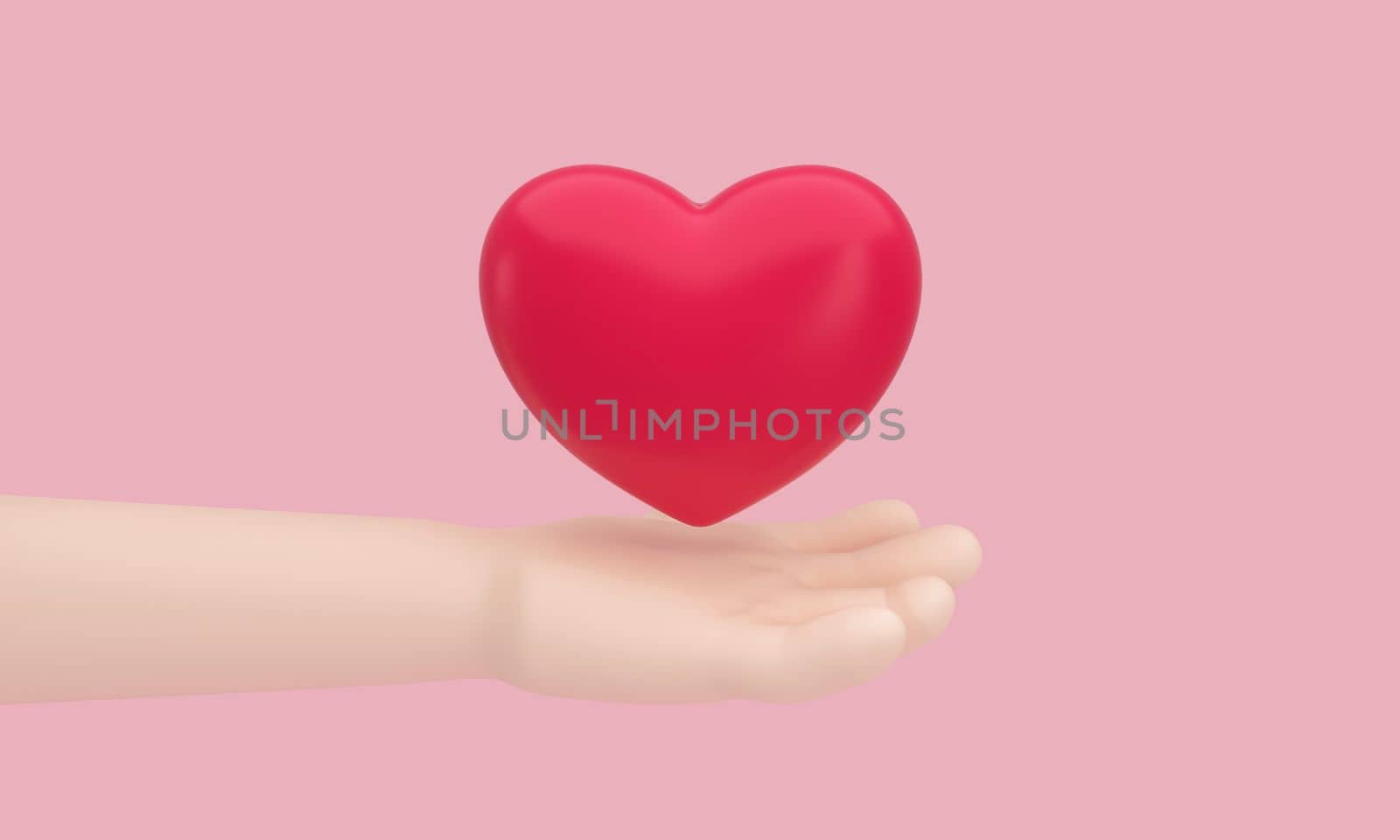 A heart on hand on pink background for Happy Mother's or Valentine's Day greeting card design. 3D Illustration.