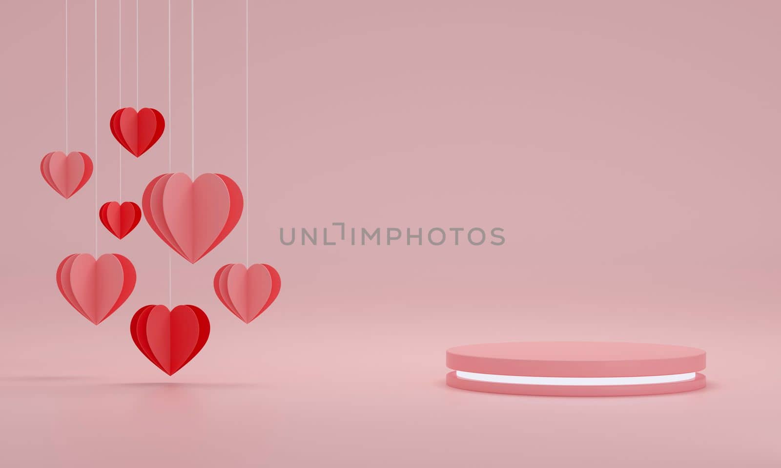 Heart balloon floating with Neon podium. Happy Valentine's Day. Pink background. by ImagesRouges