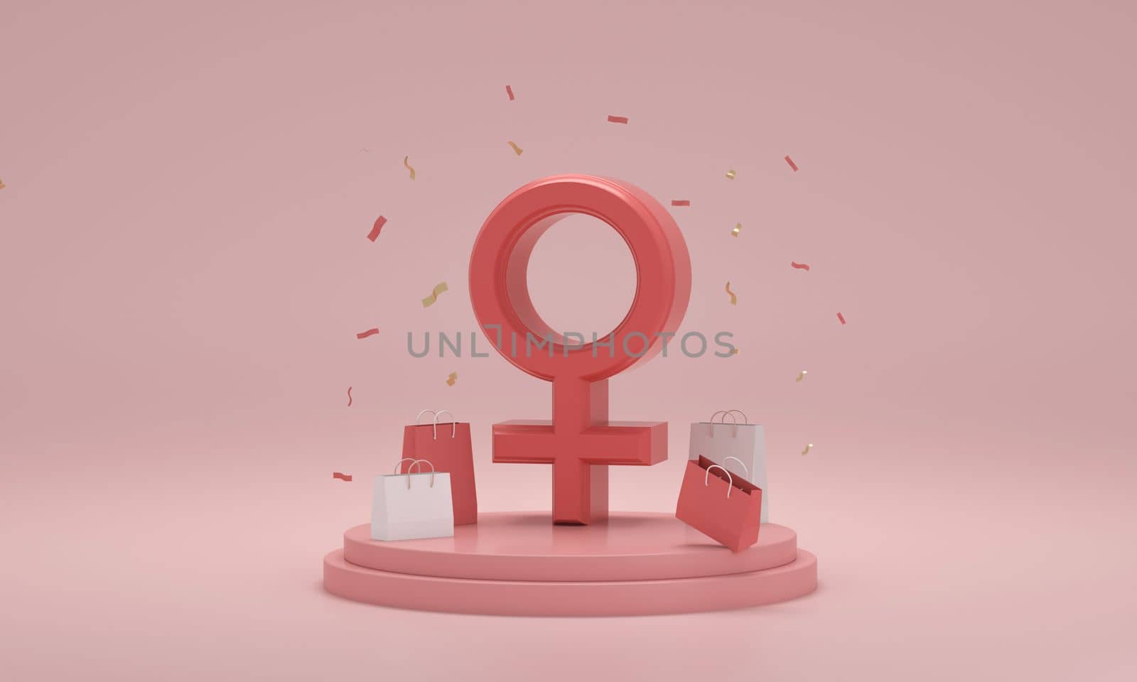 Female gender symbols and gift box on podium on pink background. Concept of International Women's Day. 3D rendering.