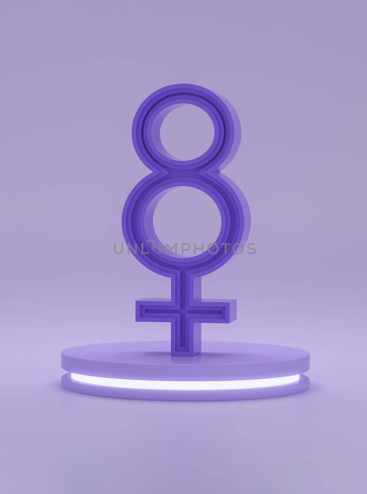 Cylinder podium with reflective lights with Venus or women sign on purple background. 3D rendering.