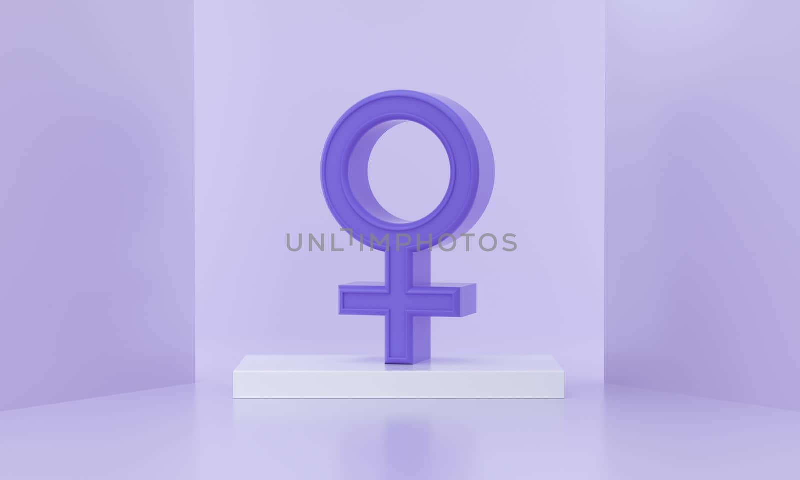 Venus or Female gender symbols on a podium and windows light purple background. 3D rendering.