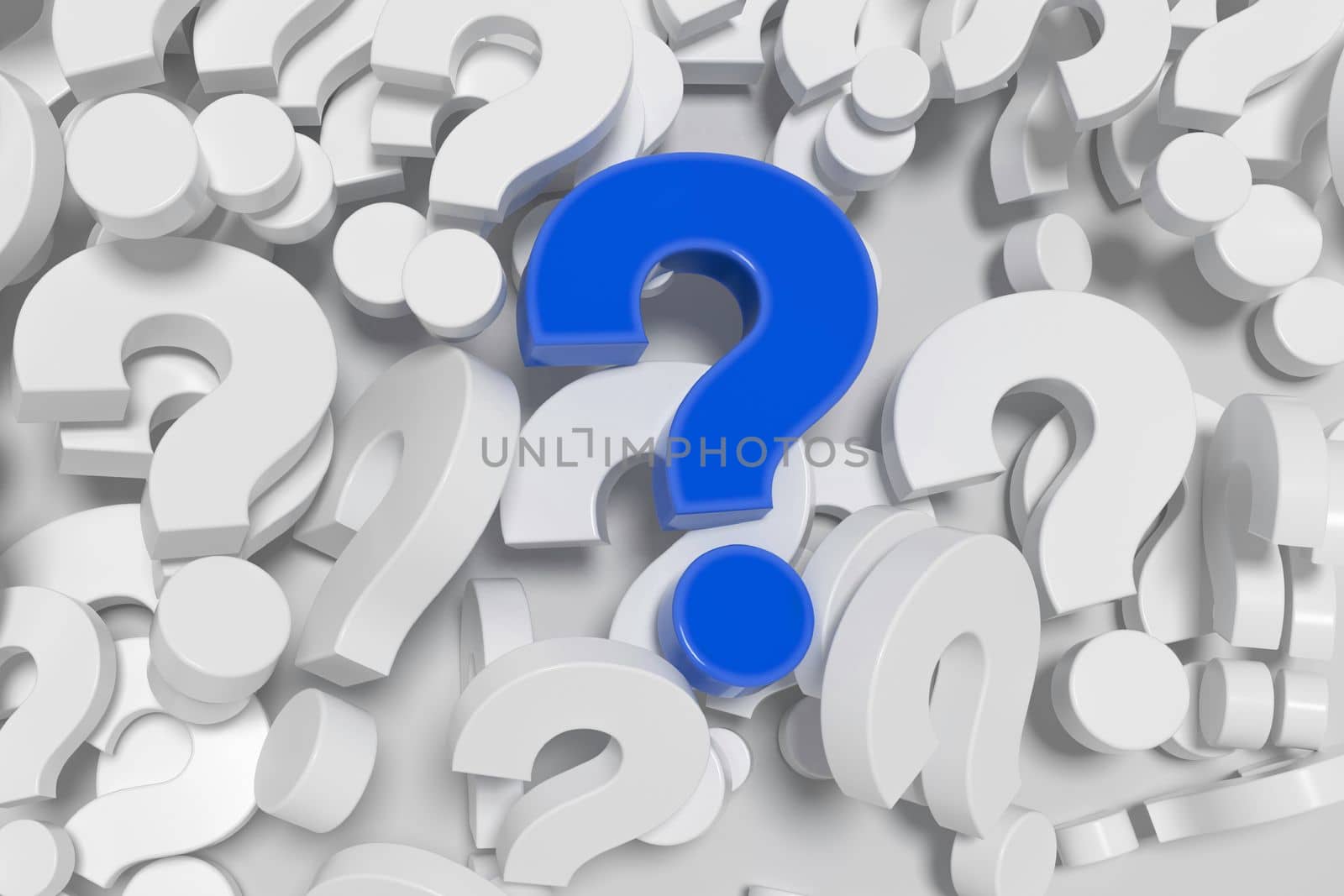 Pile of white question mark symbols with blue question mark on top. 3D illustration