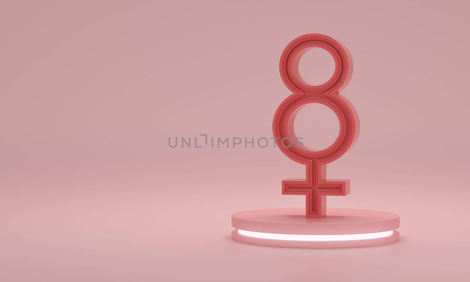 Concept of International Women's Day with female gender symbols. Pink female symbol on pink background. 8th March. 3D rendering.