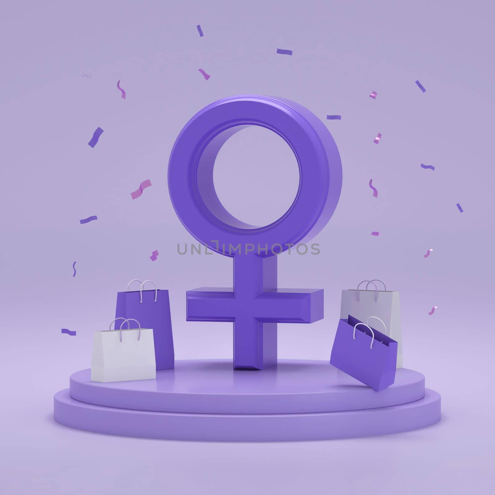 Female gender symbols with gift bags and confetti in a podium on purple studio background. by ImagesRouges