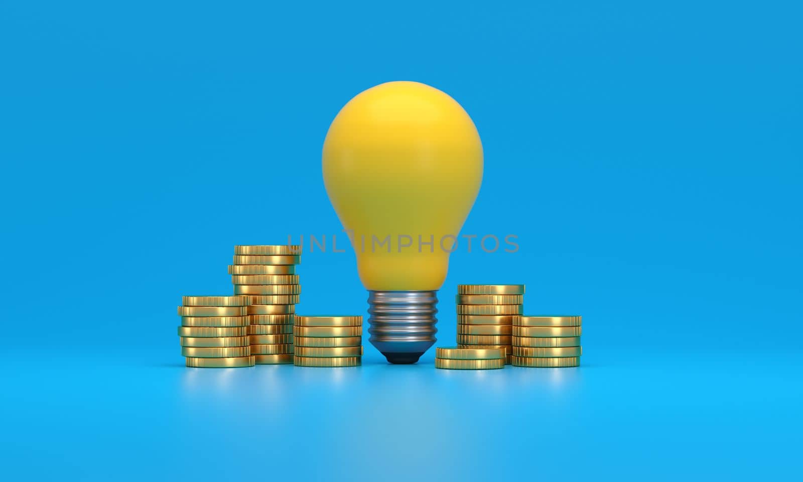 Light bulb with coins beside it. Increase in energy tariffs. Efficiency and energy saving. 3d illustration.