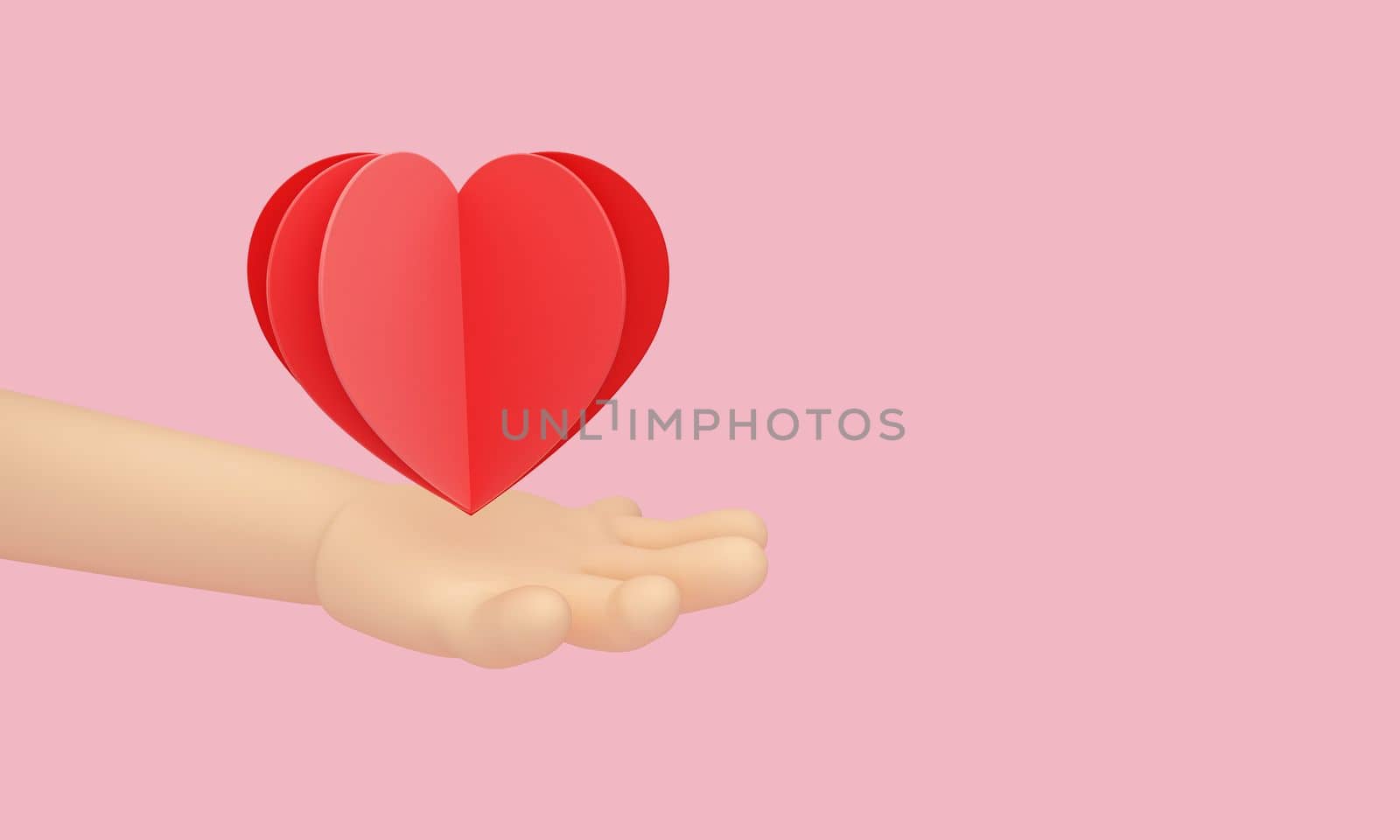 Hands holding a Paper cut red heart love. valentine romance concept on pink background. 3D illustration.
