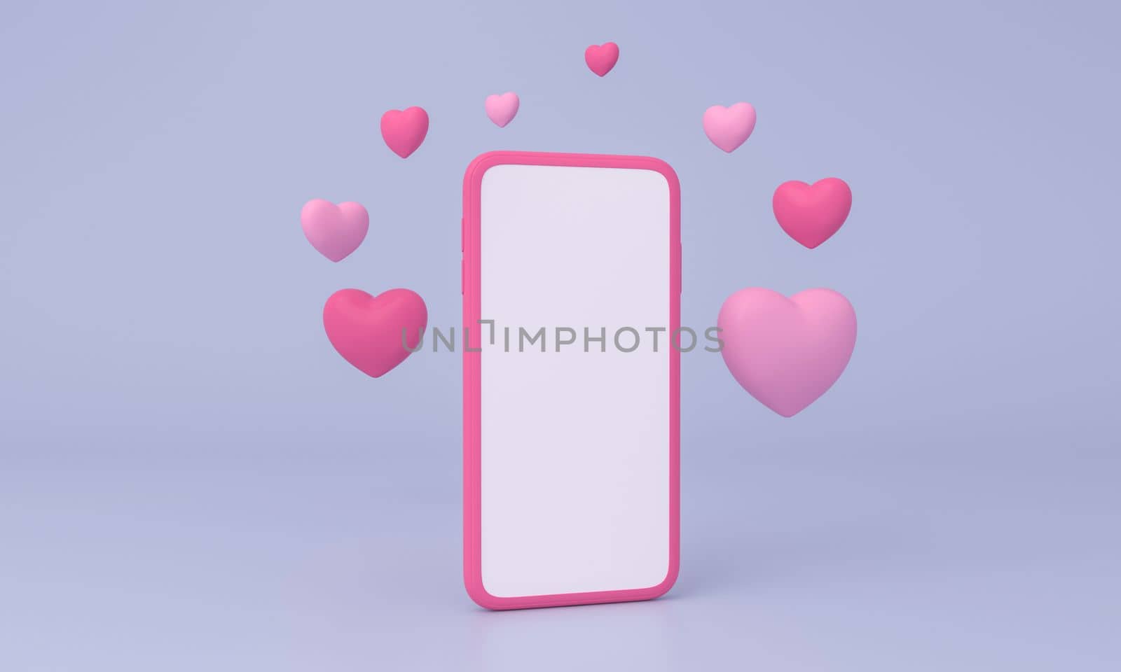 smartphone with heart around on purple background. Happy Valentine s Day, birthday. woman or mam day banner. 3D rendering.