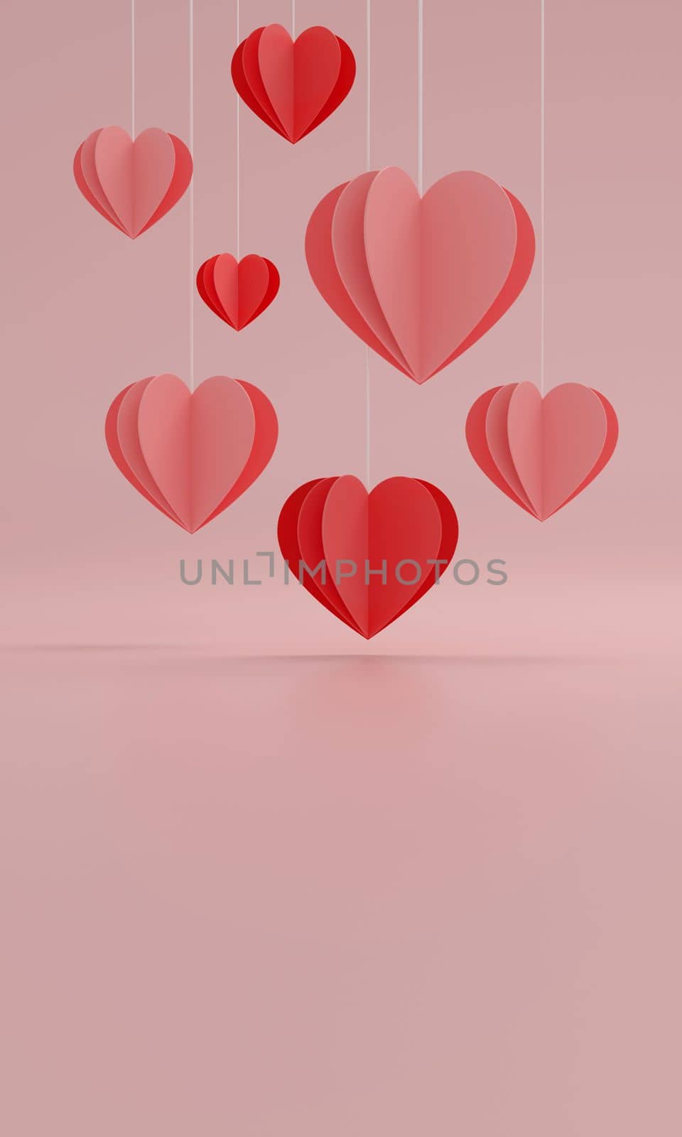 Paper cur Heart balloon floating on Pink background. 3d illustration. Vertical Size.