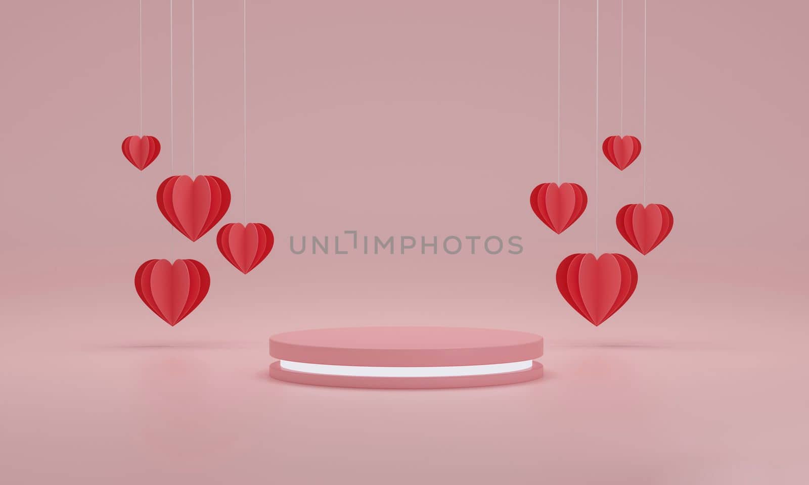 Neon podium with hearts around. Happy Valentine s Day, birthday. woman or mam day banner. by ImagesRouges