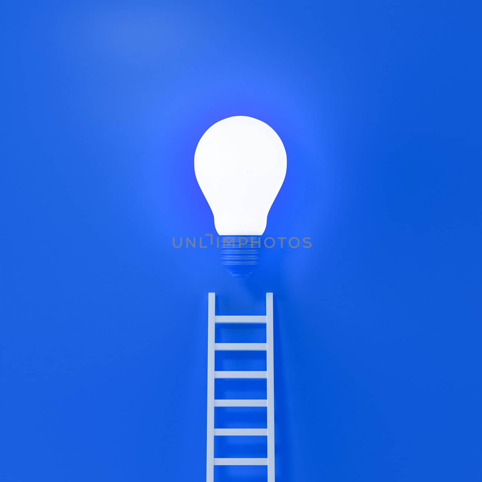 Ladder reaches up to a lit light bulb representing an Idea or business on blue background, creativity, invention concept. 3d rendering.