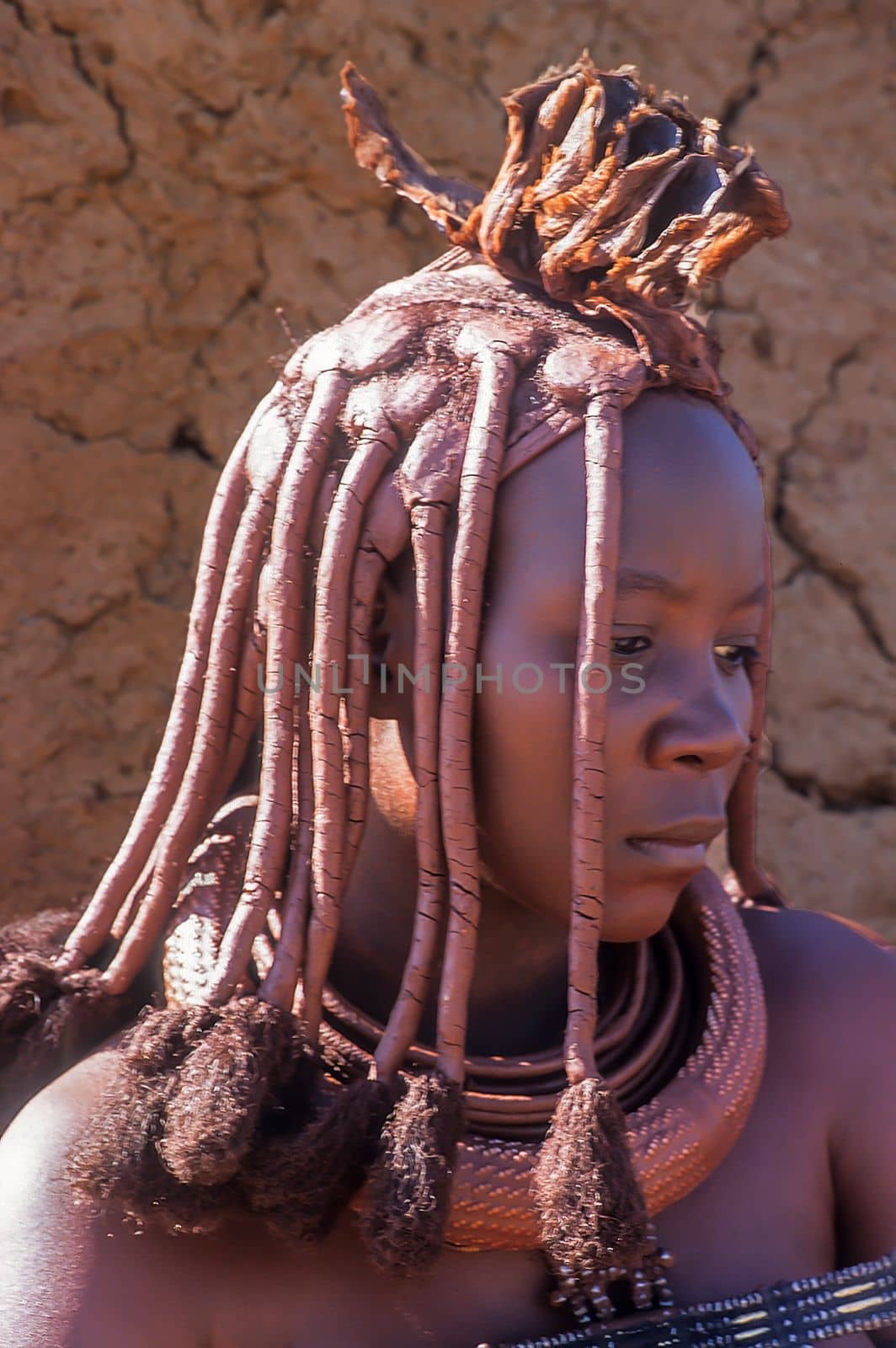 May 15, 2005. portrait of unidentified Himba woman  with the traditional hairstyle, necklace and the typical ochre tinted skin. Epupa Falls, Kaokoland or Kunene Province, Namibia, Africa